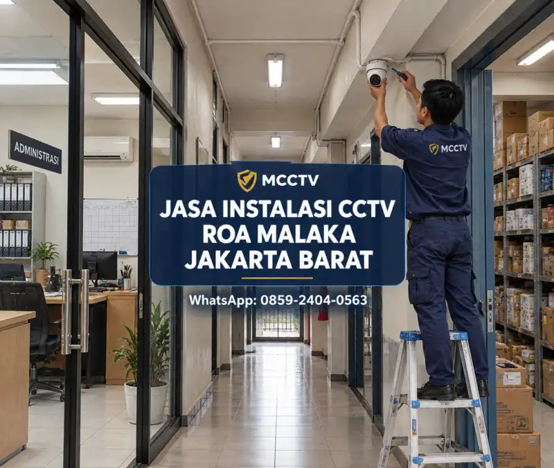 Teknisi MCCTV memasang kamera CCTV pada koridor penghubung kantor dan gudang perdagangan di Roa Malaka Tambora Jakarta Barat dengan instalasi profesional.