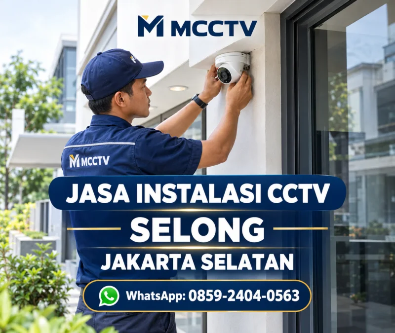 Teknisi MCCTV memasang kamera CCTV turret pada pintu akses bangunan usaha modern di Selong, Jakarta Selatan.