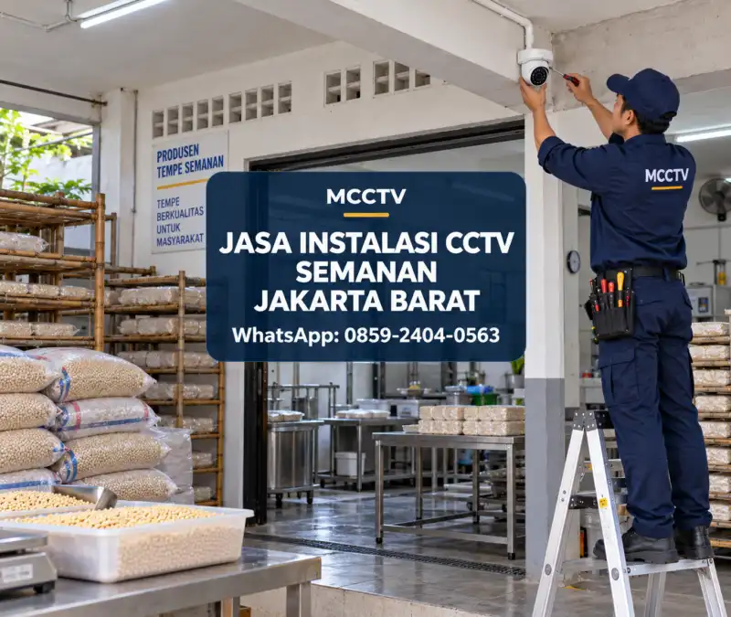 Teknisi MCCTV memasang kamera CCTV pada area penerimaan bahan baku usaha produksi tempe di Semanan Kalideres Jakarta Barat dengan kabel instalasi terlindung.