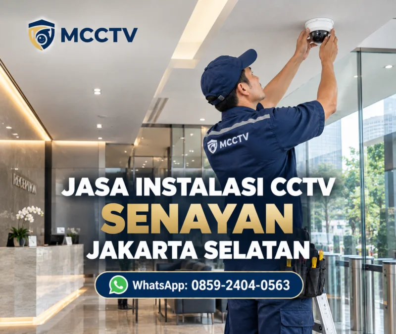 Teknisi MCCTV memasang kamera CCTV dome di lobi kantor modern dengan area resepsionis di Senayan, Jakarta Selatan.