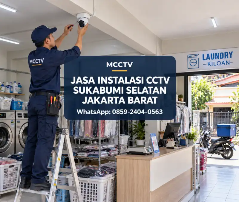 Teknisi MCCTV memasang kamera CCTV pada area penerimaan pelanggan laundry kiloan di Sukabumi Selatan Kebon Jeruk Jakarta Barat dengan instalasi kabel rapi.