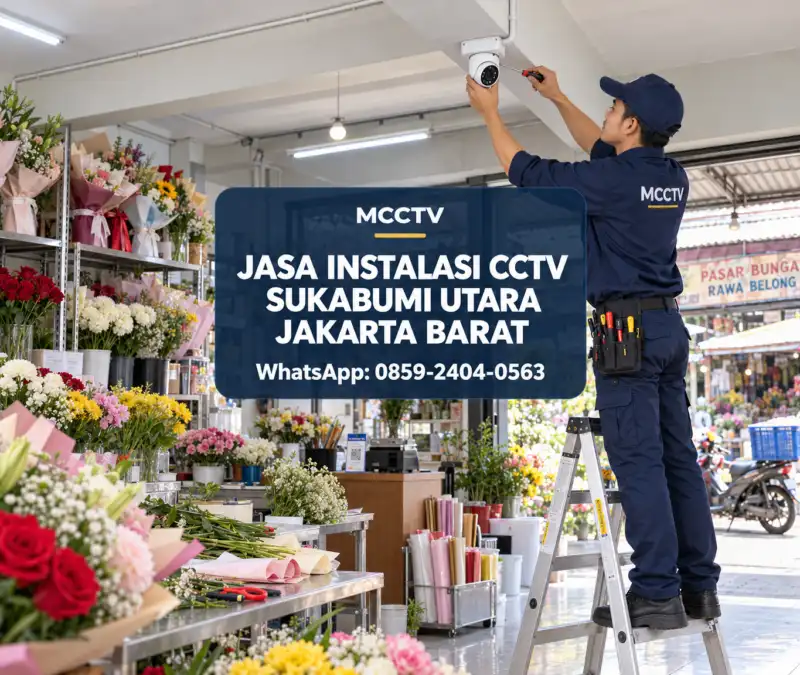 Teknisi MCCTV memasang kamera CCTV pada area pengambilan pesanan florist di sekitar Pasar Bunga Rawa Belong Sukabumi Utara Kebon Jeruk Jakarta Barat.