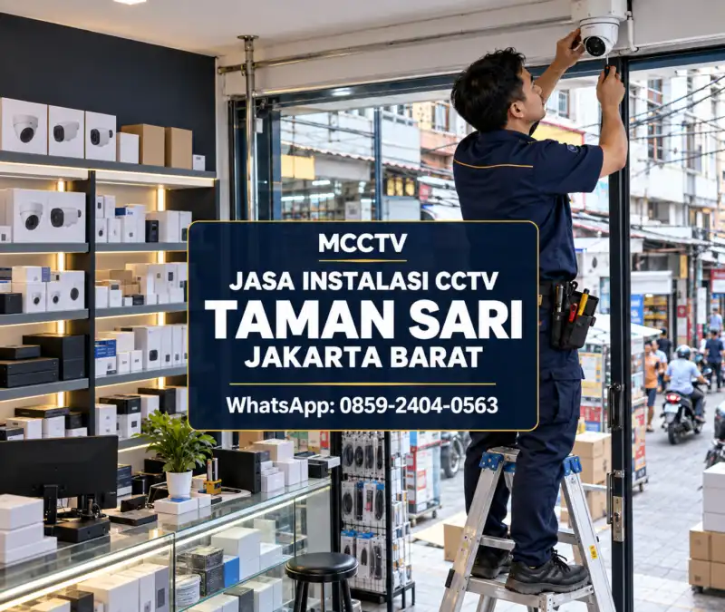 Teknisi MCCTV memasang kamera CCTV di pertokoan Glodok Taman Sari Jakarta Barat dengan instalasi profesional, rapi dan bergaransi.