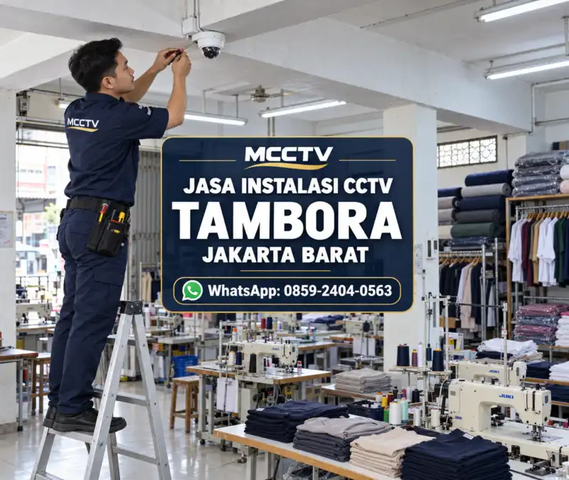 Teknisi MCCTV memasang kamera CCTV pada plafon tempat produksi konveksi di Tambora Jakarta Barat dengan instalasi kabel rapi dan profesional.