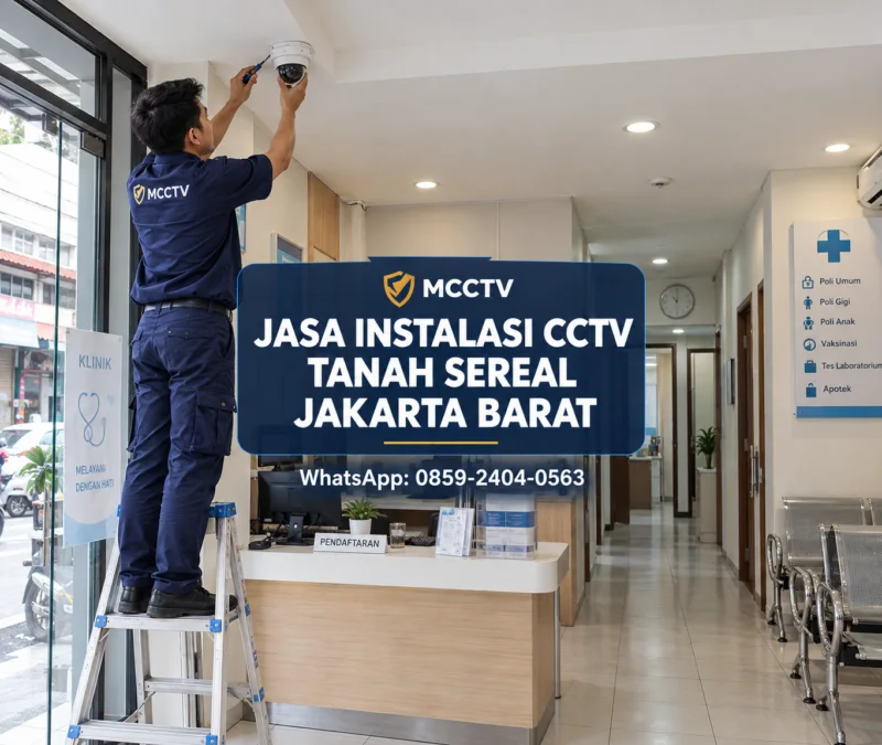 Teknisi MCCTV memasang kamera dome CCTV di plafon lobi dan ruang tunggu klinik kawasan Tanah Sereal Tambora Jakarta Barat dengan instalasi profesional dan rapi.