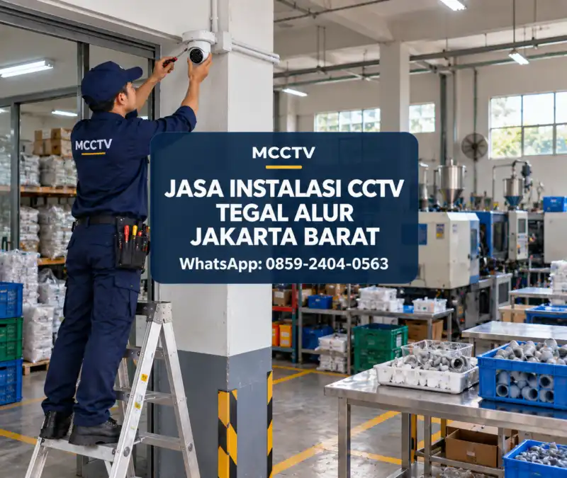 Teknisi MCCTV memasang kamera CCTV pada akses ruang produksi bengkel industri komponen plastik di Tegal Alur Kalideres Jakarta Barat dengan jalur kabel terlindung dan rapi.