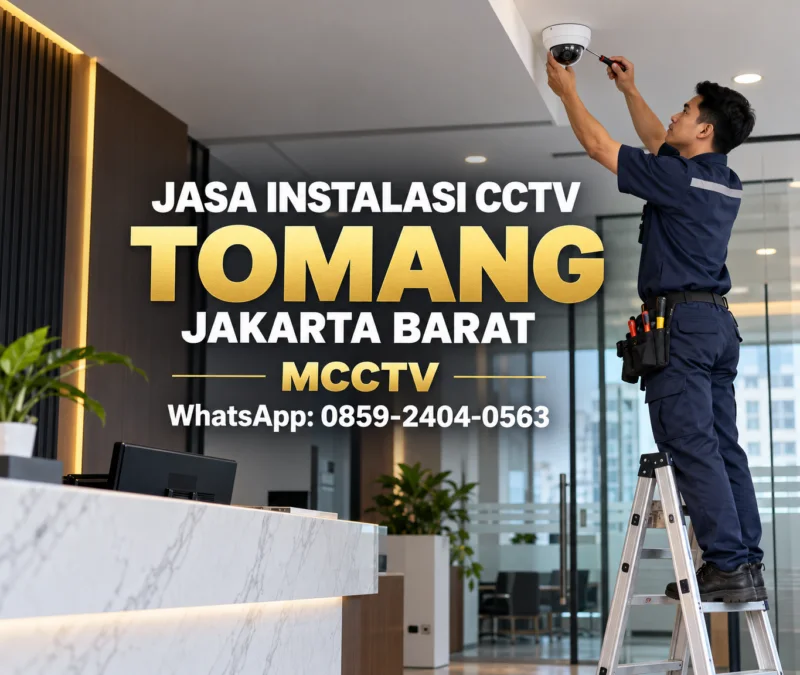 Teknisi MCCTV memasang kamera CCTV dome pada plafon area resepsionis kantor di Tomang Jakarta Barat
