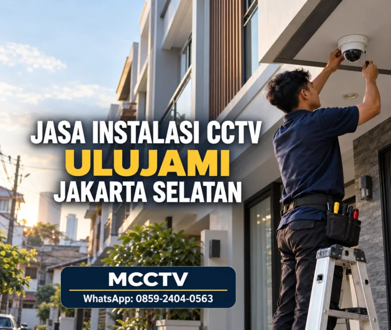 Teknisi MCCTV memasang kamera CCTV dome pada kanopi rumah toko di Ulujami, Jakarta Selatan.