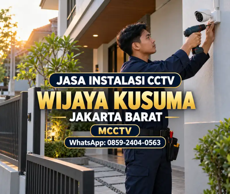Teknisi MCCTV memasang kamera CCTV turret di dinding luar rumah berpagar di Wijaya Kusuma Jakarta Barat